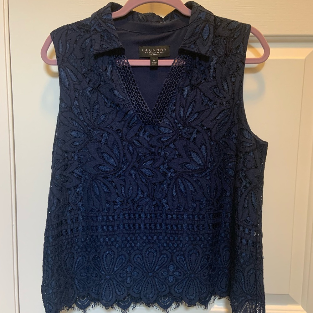 Laundry By Shelli Segal Blue Lace Sleeveless Blouse